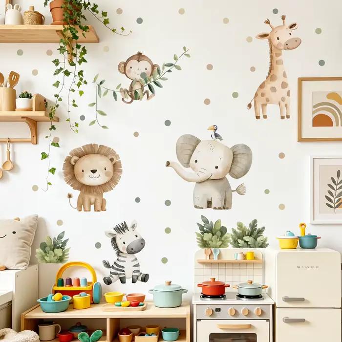 Autocollant mural en vinyle style bohème aquarelle jungle avec animaux sauvages - Lion, girafe, éléphant, zèbre et feuillage vert pour la décoration intérieure