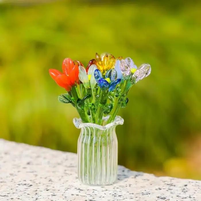 Bouquet fleurs en verre délicat avec Vase, présentoir fleurs miniatures, ajoute mode aux décors bureau à domicile