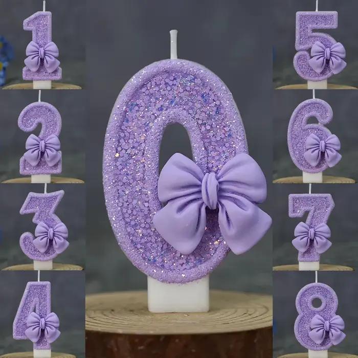 Bougie d'anniversaire numérique artisanale DIY avec nœud violet pailleté - Décoration de gâteau avec emballage individuel