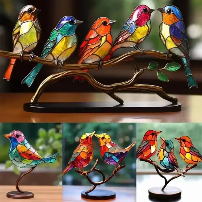 Vitrail oiseaux sur branche, ornements de bureau, oiseaux multicolores Double face en alliage, série d'oiseaux, décorations acryliques