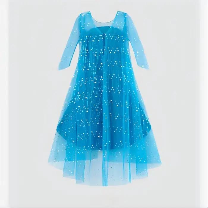 Robe longue de princesse époustouflante pour fille, entièrement recouverte de paillettes, avec traîne bleue, en tulle scintillant, costume de fête Reine des Neiges Elsa, tenue de cosplay