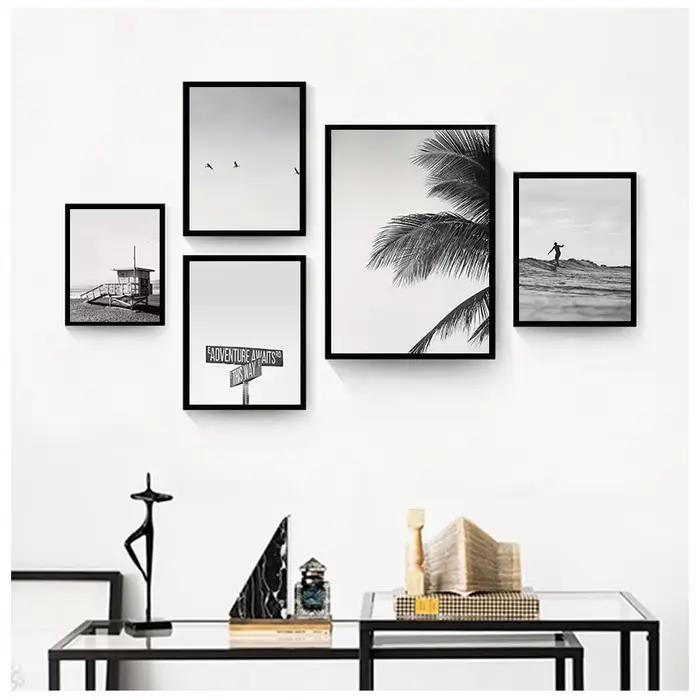 Affiches d'art murales avec palmier noir et blanc