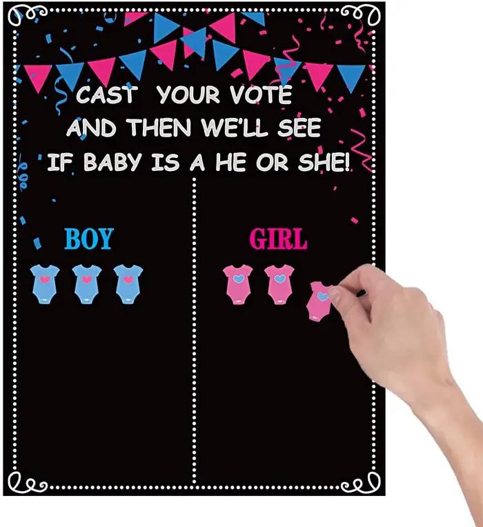 Tableau de vote pour révélation du sexe du bébé (garçon ou fille) avec autocollants, affiche de vote « Il ou Elle » pour nouveau-né, décoration pour baby shower et fête d'anniversaire