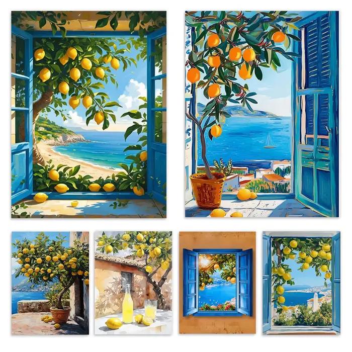 Vue sur fenêtre méditerranéenne avec imprimé citron