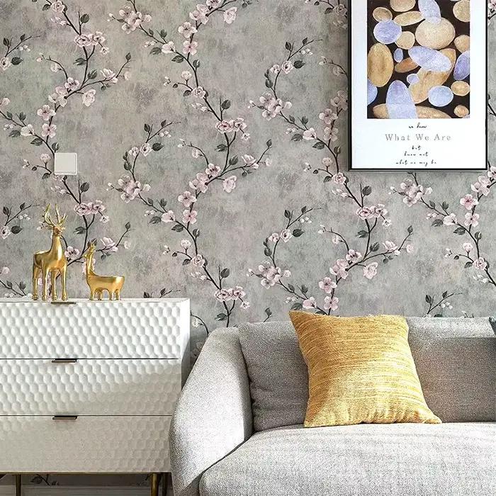 Papier peint à décoller et à coller gris Floral