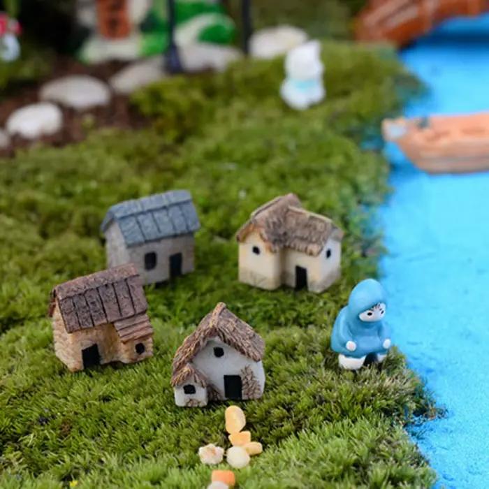 2 pièces maison fantaisie Miniatures petit paysage chalet résine artisanat ornement Mini Figurines mousse Terrarium décor