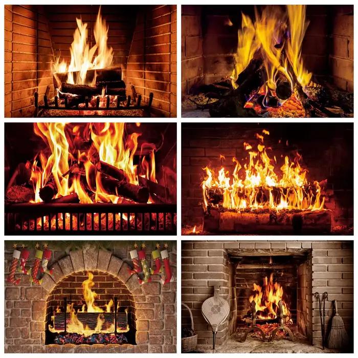 Noël hiver cheminée feu toile de fond noël brûlant flamme chambre décor Festival fête bébé fond photographie Photo Studio