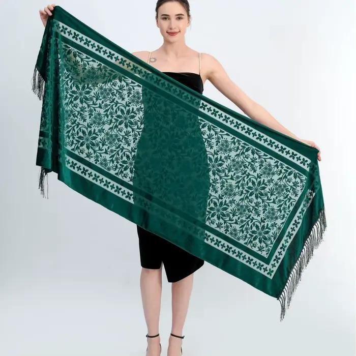 Velours Floral évider écharpe rétro ethnique gland écharpe velours Pashmina étole Babushka musulman Hijab plage Cheongsam châle