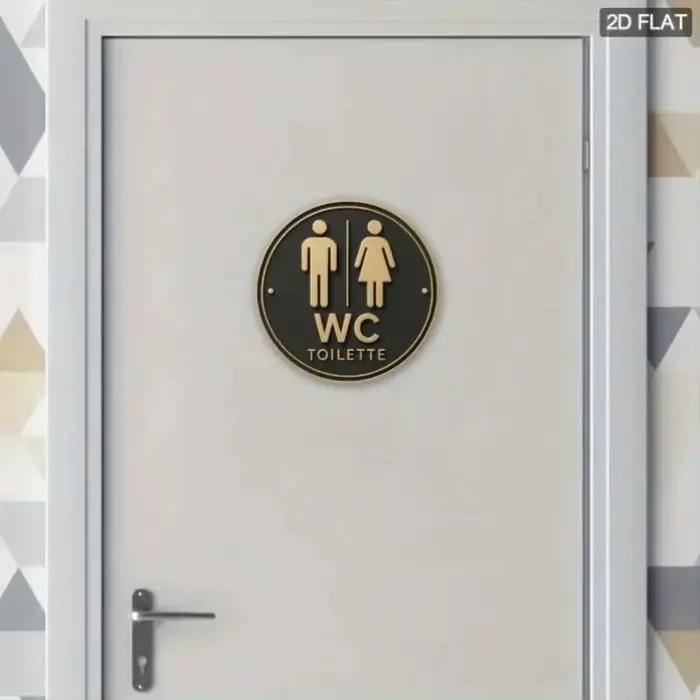 Panneau de toilettes allemand rond moderne, art mural 2D en métal plat pour porte de salle de bain