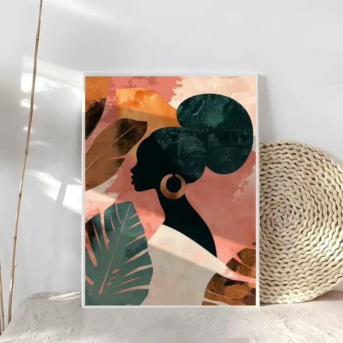 Affiche abstraite de feuilles de fleurs de femme africaine