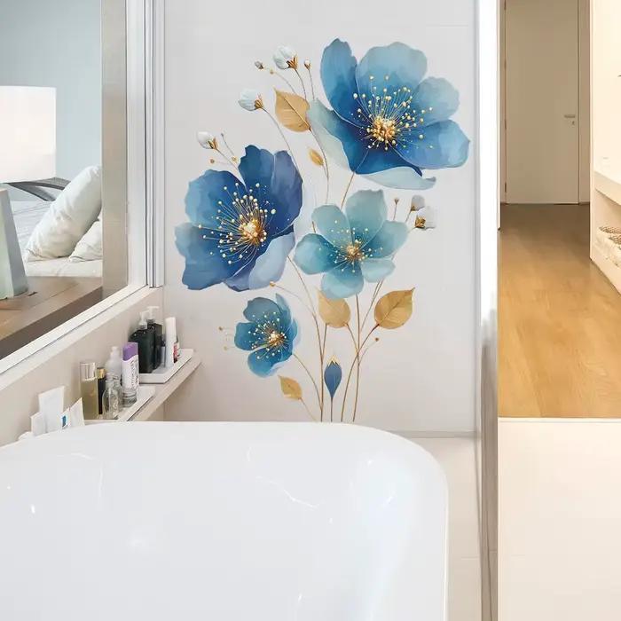 Autocollant mural floral bleu doré.