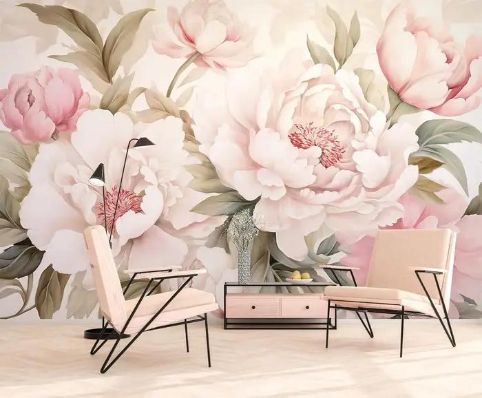 Papier peint mural élégant à motif de pivoines polyester 3D pour décoration romantique chambre à coucher salle de bain occasionnelle cadeau