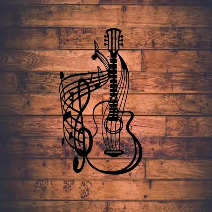 Art mural de guitare de partition de musique vintage – Décor de silhouette en métal forgé à la main pour espaces