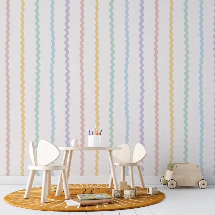 Papier peint à rayures arc-en-ciel pastel