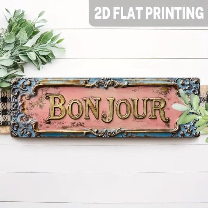 Panneau français vintage en bois "Bonjour"
