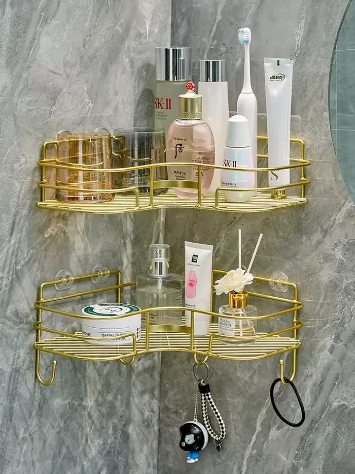 Étagère de rangement triangulaire dorée pour salle de bain