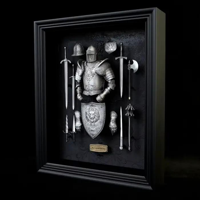 Cadre photo en résine époxy fait main et peint à la main, représentant une armure de chevalier médiéval anglais-français, décoration de bureau et de maison