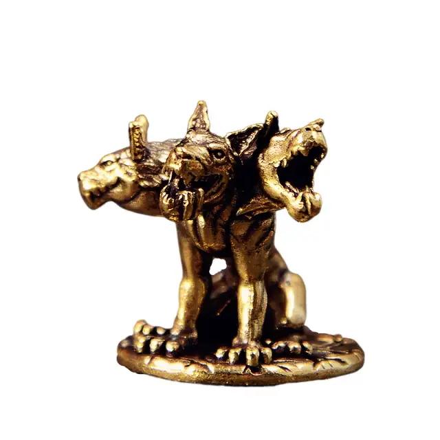 Figurines miniatures de chien à trois têtes en laiton
