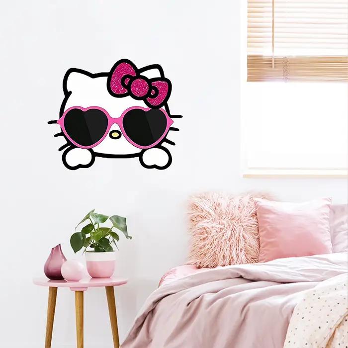 Autocollants muraux Kawaii Hello Kitty, autocollants muraux amovibles Cool Cat Pink Bow Heart Sunglasses pour la décoration de la chambre à coucher, de la salle de bain et des placards