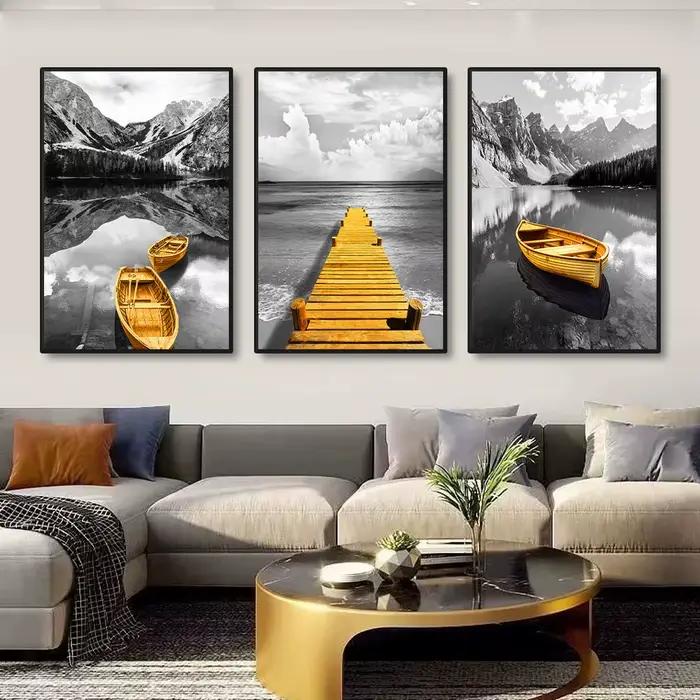 Toile de paysage de bateau jaune sur le lac