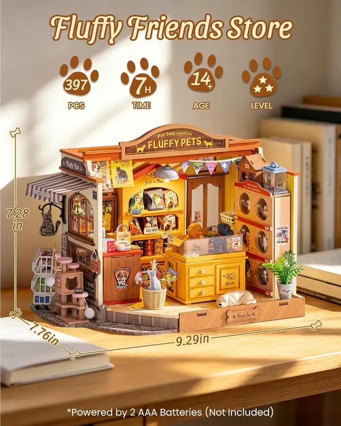 Kit de maison de poupée miniature Rolife Pet Store DIY, modèle de puzzle 3D en bois Fluffy Friends Store, diorama pour la décoration de la maison