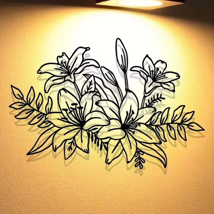 Sculpture murale artistique 2D en métal en forme de lys, les décorations murales florales sont utilisées dans les jardins extérieurs, les terrasses, les intérieurs domestiques et les balcons.