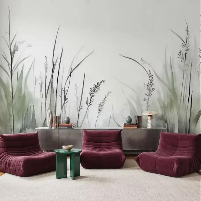 Papier peint mural sur mesure avec texture aquarelle feuilles vert sauge pour chambres