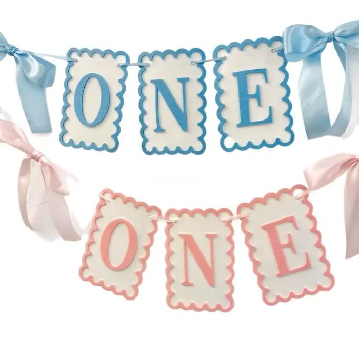 Rose bleu une lettre bannière fond décoration murale un an bébé 1er anniversaire fête faveur