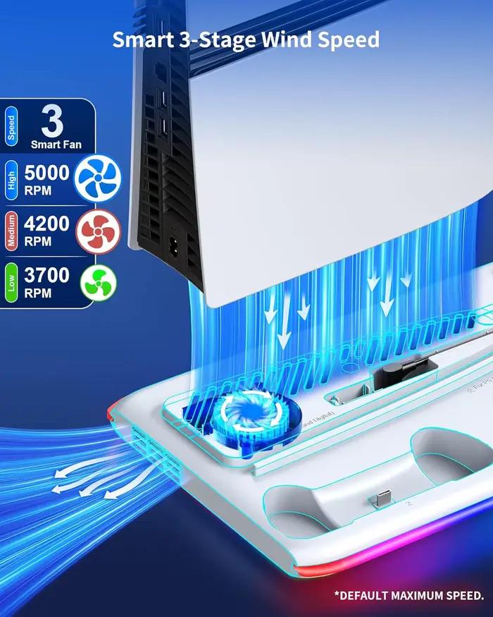 Support de refroidissement pour PS5/Slim/Pro, avec Station de charge de contrôleur LED, ventilateur de refroidissement à 3 vitesses pour accessoires de Console PlayStation 5