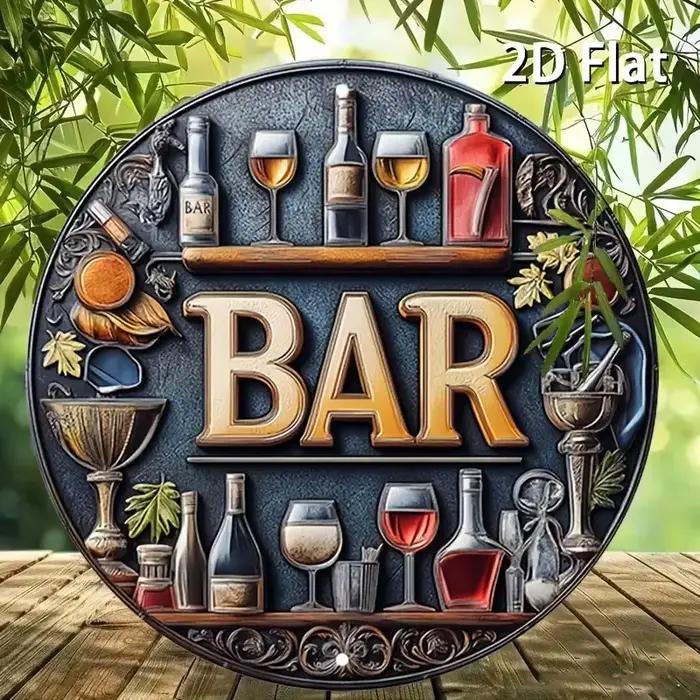 Peinture sur planche de bois haute définition, enseigne de bar vintage, art mural rond, plaque décorative rétro avec bouteille de liqueur et verre à vin, 2D F