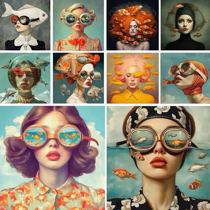 Surréalisme femme Portrait toile peinture mur Art merveilleux fantaisie poisson et fille affiche imprime pour salon décor à la maison