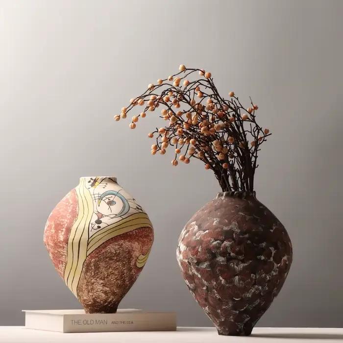 Vase en céramique, graffiti dessiné à la main, bouteille en porcelaine vintage, poterie rustique, vase à fleurs, artisanat en céramique, décoration d'intérieur
