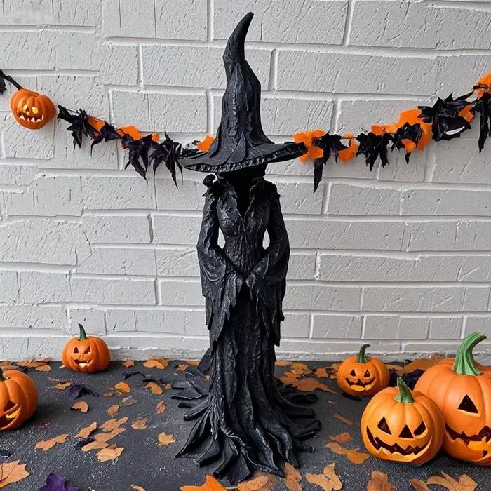 Statue de sorcière craquelin baril 20cm, Statue de sorcière noire d'halloween, Figurine gothique en résine, décor de magicien rétro, ornement fantastique foncé