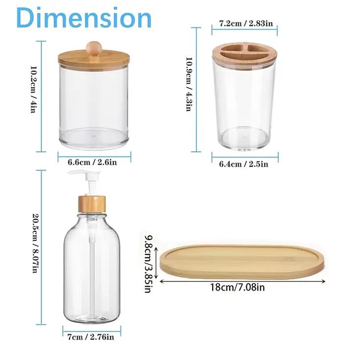 Ensemble d'accessoires de salle de bain en bambou, avec plateau, distributeur de savon en plastique, porte-brosse à dents transparent et 2 supports Qtip, boule de coton, 5 paquets