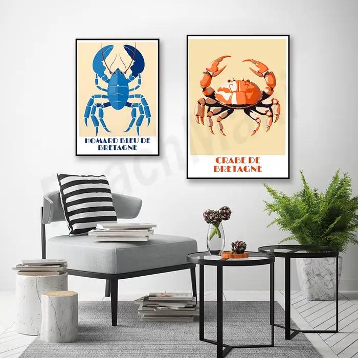Brittany Crab, Brittany Blue Lobster affiche toile impression photo vintage milieu du siècle cuisine salle à manger décor à la maison