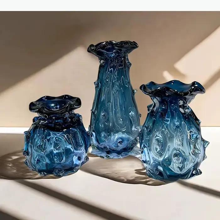 Vase en verre bleu à ondulations, accessoires pour arrangements floraux, hydroponie, terrarium, pot de fleurs, accessoires de décoration intérieure