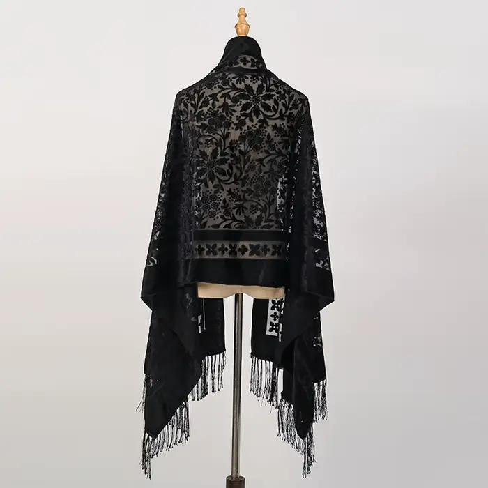 Velours Floral évider écharpe rétro ethnique gland écharpe velours Pashmina étole Babushka musulman Hijab plage Cheongsam châle