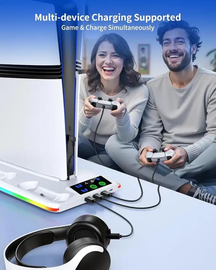 Support pour console Sony PS5 Playstation Play Station PS 5 Pro Slim avec ventilateur de refroidissement, base de support, chargeur de manette, accessoire de jeu
