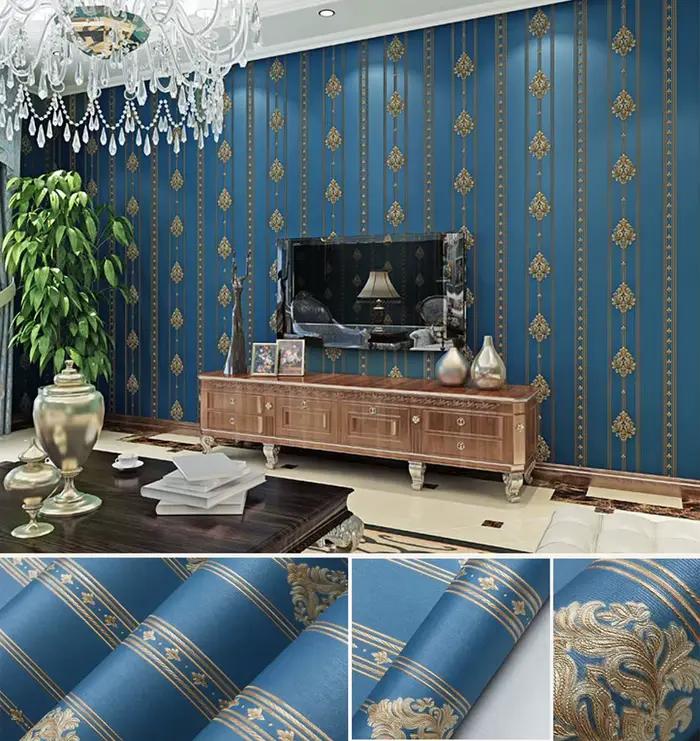 Style européen bleu damassé 3D PVC en relief papier peint de luxe chambre salon rayé vinyle