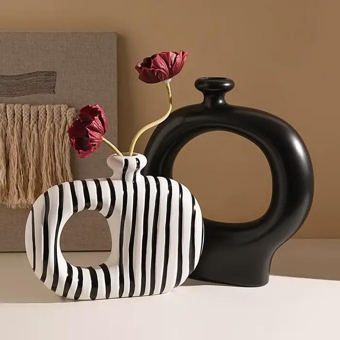 Beihanmei – Vase créatif rétro en céramique à rayures noires et blanches