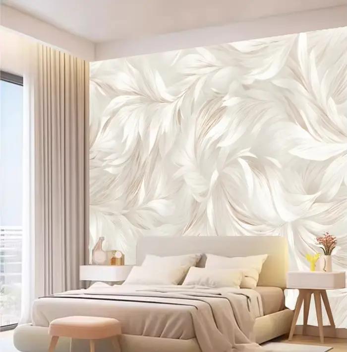 Papier peint mural personnalisé style crème art abstrait motif plumes fleurs fond soie résistant humidité absorption son écologique pour salon chambre enfant maison mariage occassions spéciales
