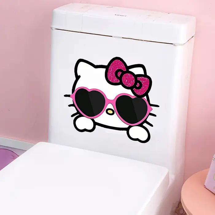 Autocollants muraux Kawaii Hello Kitty, autocollants muraux amovibles Cool Cat Pink Bow Heart Sunglasses pour la décoration de la chambre à coucher, de la salle de bain et des placards