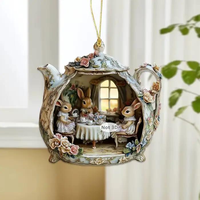 Décoration d'intérieur en acrylique 2D : Adorable lapin de Pâques dans une tasse à thé
