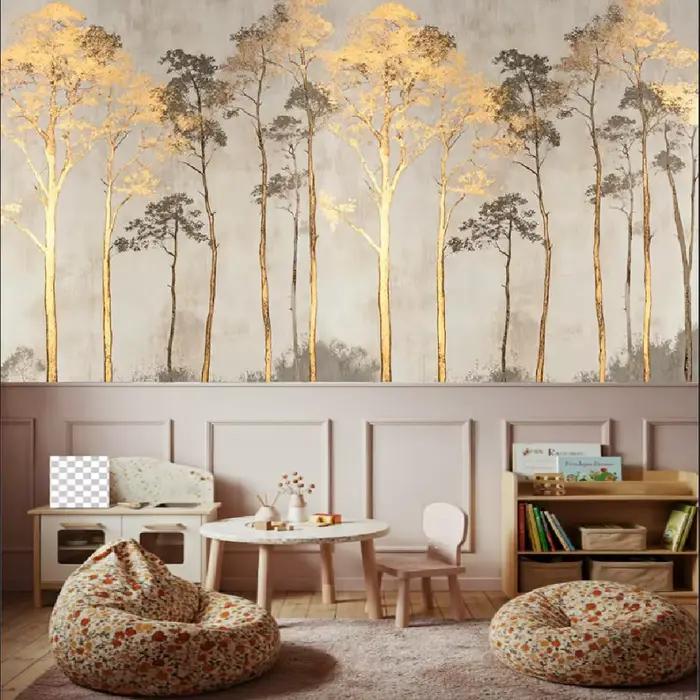 Papier peint personnalisé en 3d, motif lune, branche, bois, décoration de maison, salon, chambre à coucher, noir et blanc, forêt dorée