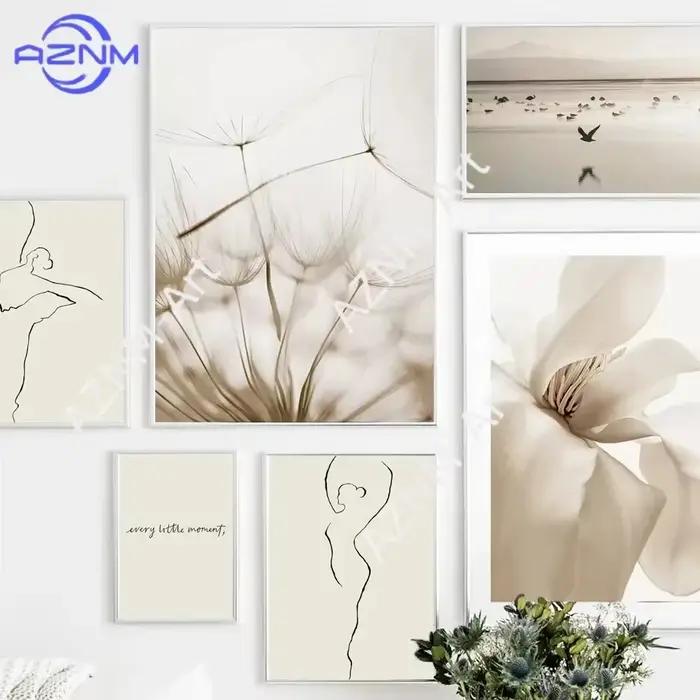 Affiches murales paysagères et florales beige neutre