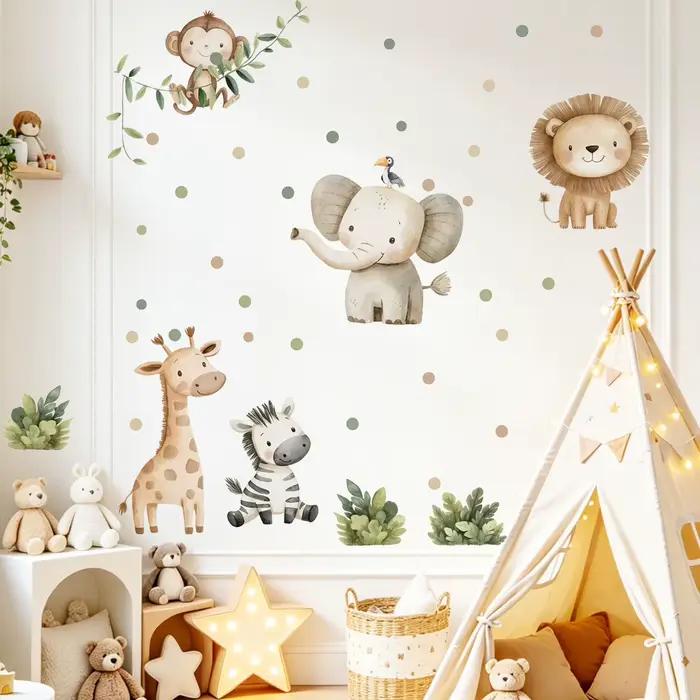 Autocollant mural en vinyle style bohème aquarelle jungle avec animaux sauvages - Lion, girafe, éléphant, zèbre et feuillage vert pour la décoration intérieure