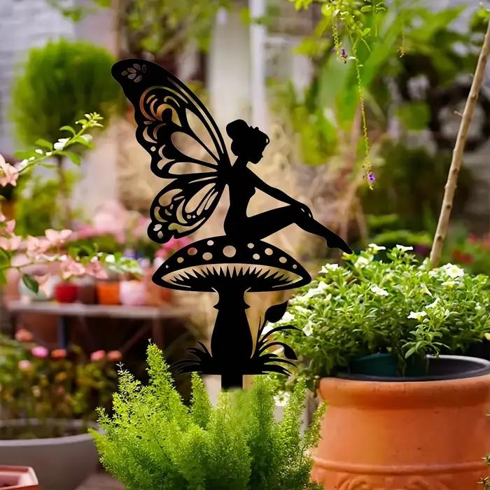 Art déco métal champignon fées jardin thème mur Sculpture elfes maison fer fée décor œuvre signe extérieur décoratif cadeaux