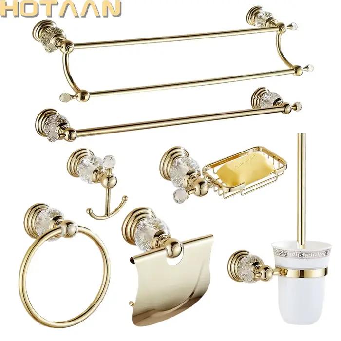 Ensemble d'accessoires de salle de bains de couleur or cristal de luxe, ensemble de matériel de bain en laiton poli doré, produits de salle de bains muraux banheiro