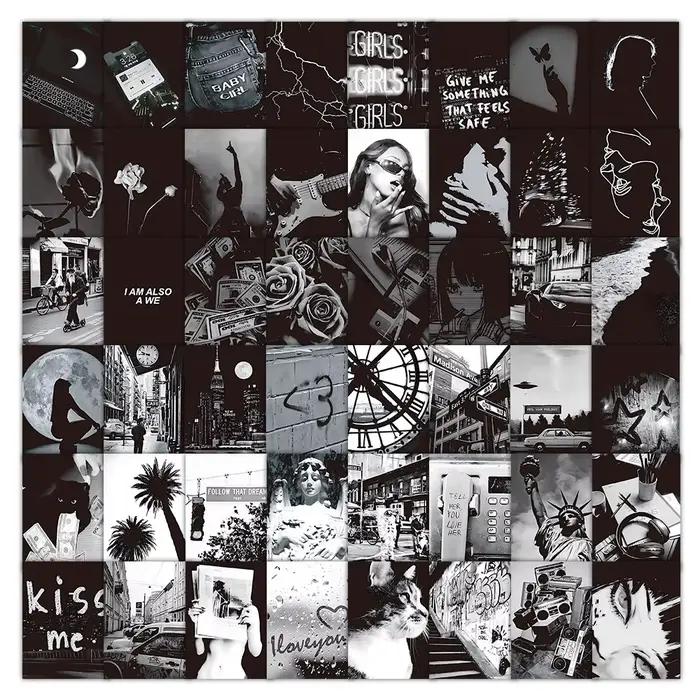 Kit de collage mural esthétique noir et blanc, 50 feuilles, impressions photo vintage pour décoration de chambre indie, autocollants Story Store
