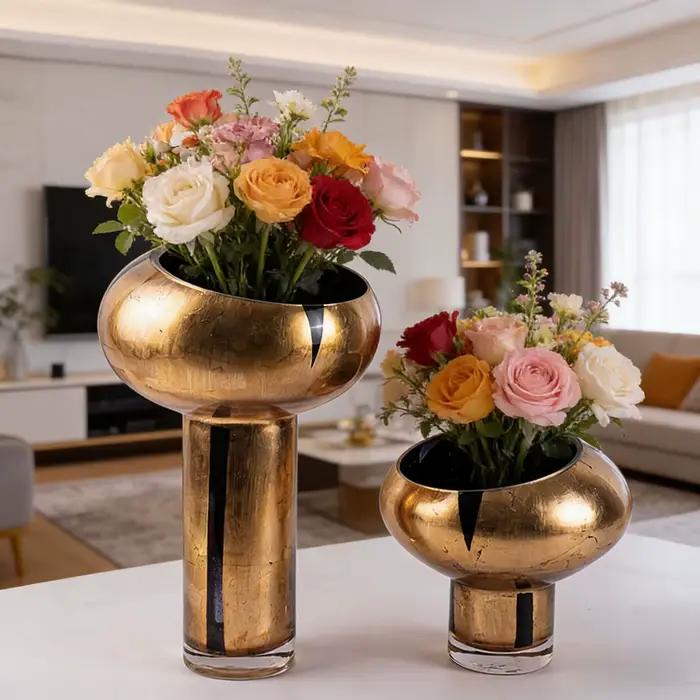 Vase en verre doré, vase à fleurs cylindrique géométrique en feuille d'or, terrarium, arrangement floral hydroponique, pot de fleurs, décoration de la maison